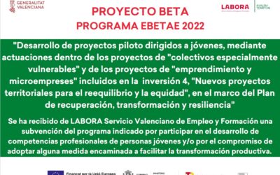 EMO en el PROYECTO BETA / PROGRAMA : EBETAE 2022 por participar en el desarrollo de competencias profesionales de personas jovenes.